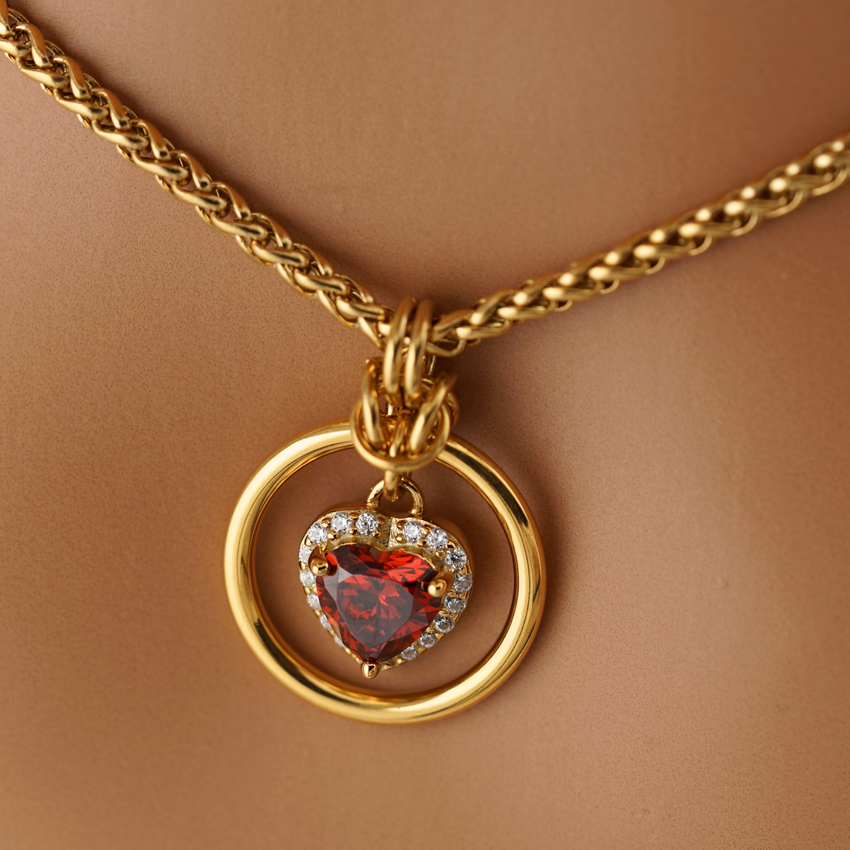 Ruby Gold Heart w/ CZ Diamonds Wheat Chain