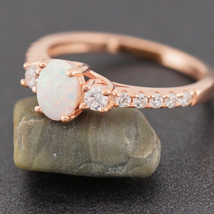 Sterling Silver Rose Gold Oval White Lab Opal CZ Ring