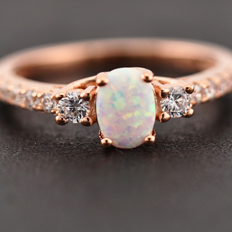 Sterling Silver Rose Gold Oval White Lab Opal CZ Ring