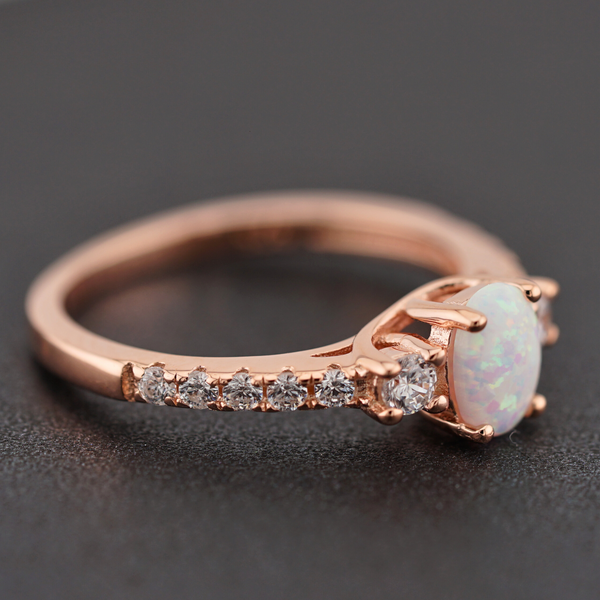 Sterling Silver Rose Gold Oval White Lab Opal CZ Ring