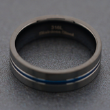 Black Stainless Steel Satin Finish Blue Striped Band Ring