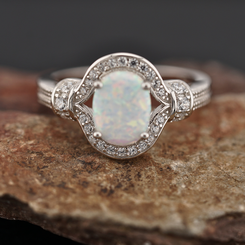 Sterling Silver Elegant White Oval Lab Opal CZ Ring