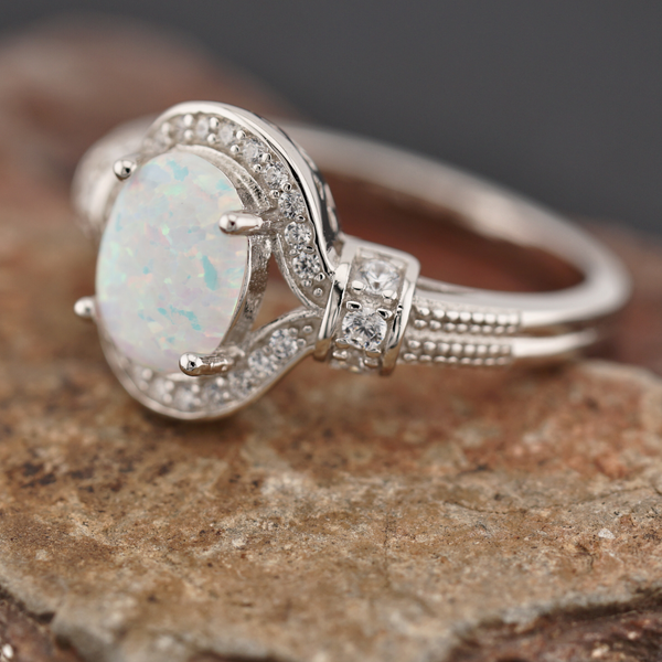 Sterling Silver Elegant White Oval Lab Opal CZ Ring