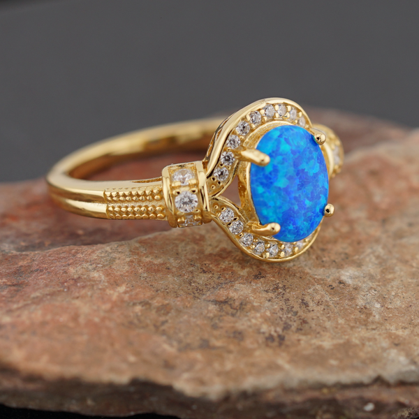 Gold Plated Elegant Oval Blue Lab Opal CZ Ring