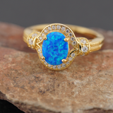 Gold Plated Elegant Oval Blue Lab Opal CZ Ring