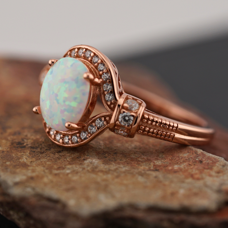 Rose Gold Elegant White Oval Lab Opal CZ Ring