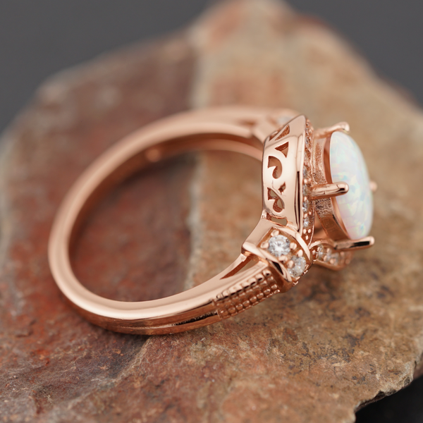 Rose Gold Elegant White Oval Lab Opal CZ Ring