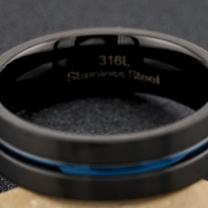 Black Stainless Steel Satin Finish Blue Striped Band Ring