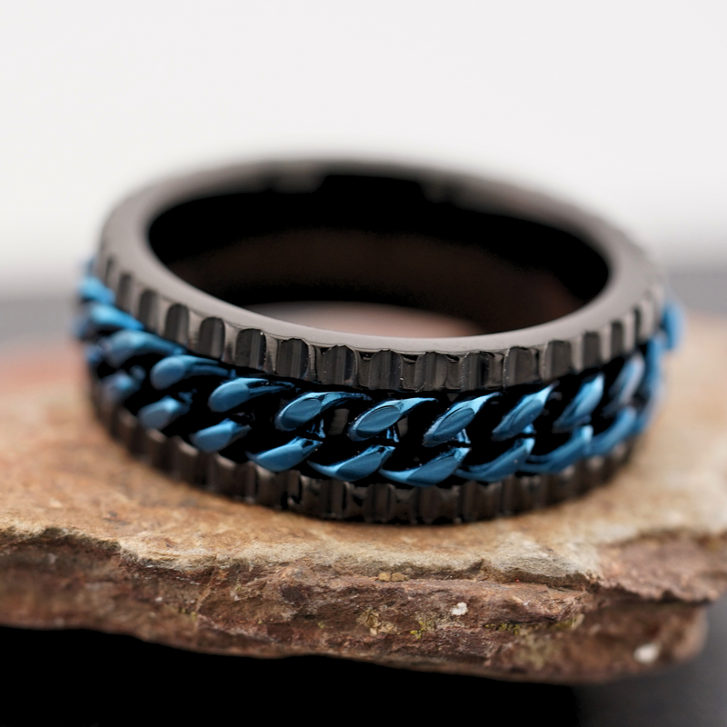 Black Stainless Steel Fidget Spinner Ring with Cobalt Blue Inlay