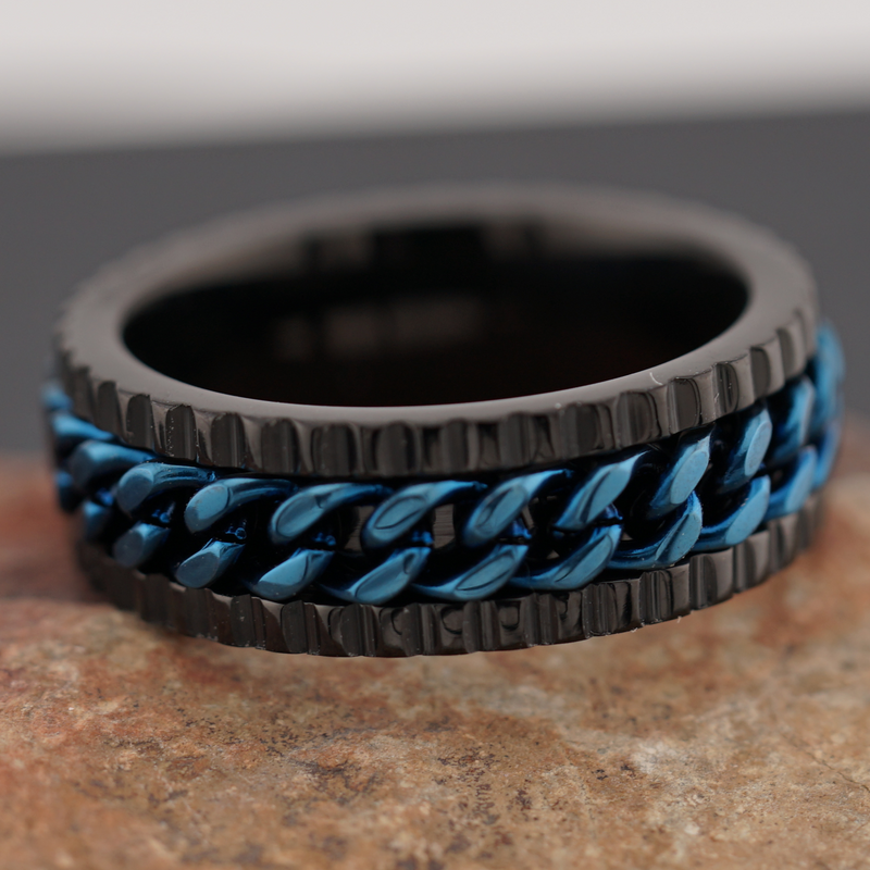 Black Stainless Steel Fidget Spinner Ring with Cobalt Blue Inlay