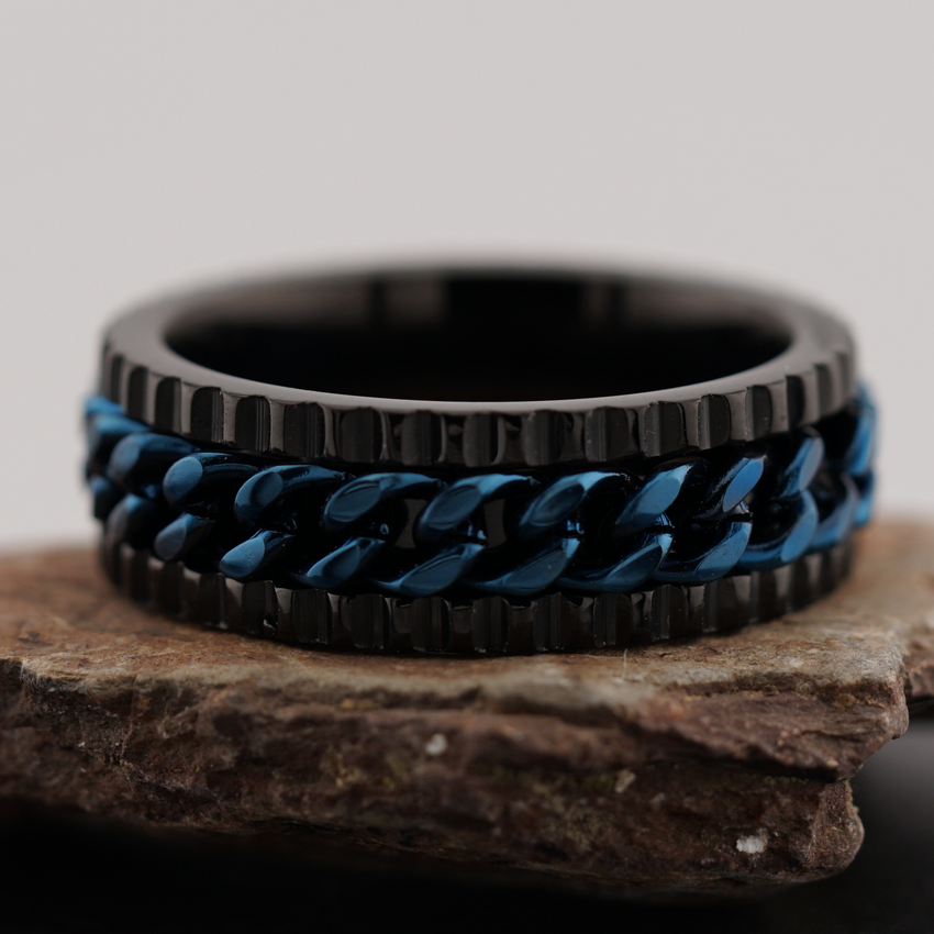 Black Stainless Steel Fidget Spinner Ring with Cobalt Blue Inlay