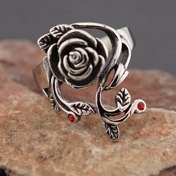 Stainless Steel Rose Statement Ring with CZ Rubies