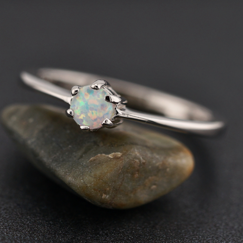 Sterling Silver Round White Lab Opal Ring