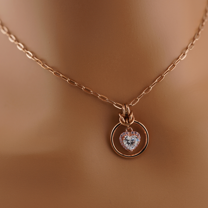 Sterling Silver Rose Gold CZ Heart Paperclip Chain