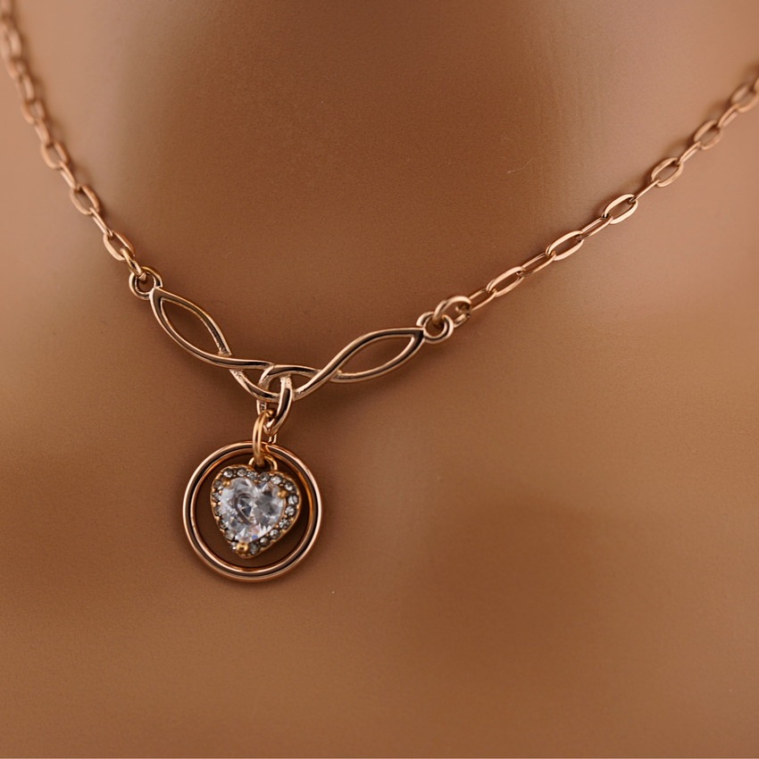 Rose Gold Celtic Knot O-Ring with CZ Heart Paperclip Chain