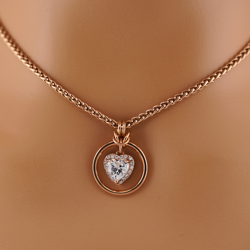 Diamond CZ Rose Gold Heart w/ CZ Diamonds Wheat Chain