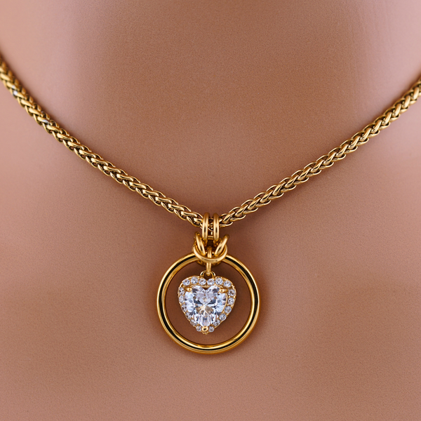 Gold Heart Day Collar w/ CZ Diamonds on Wheat Chain