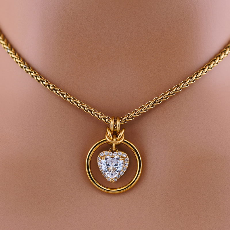 Gold Heart Day Collar w/ CZ Diamonds on Wheat Chain