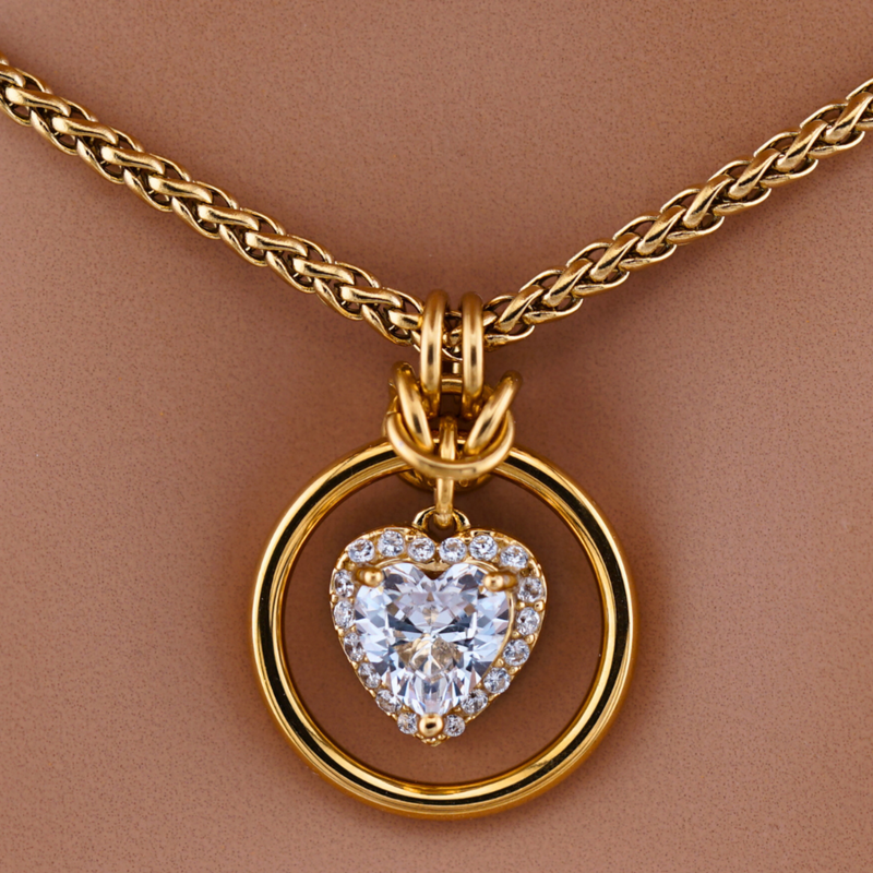 Gold Heart Day Collar w/ CZ Diamonds on Wheat Chain