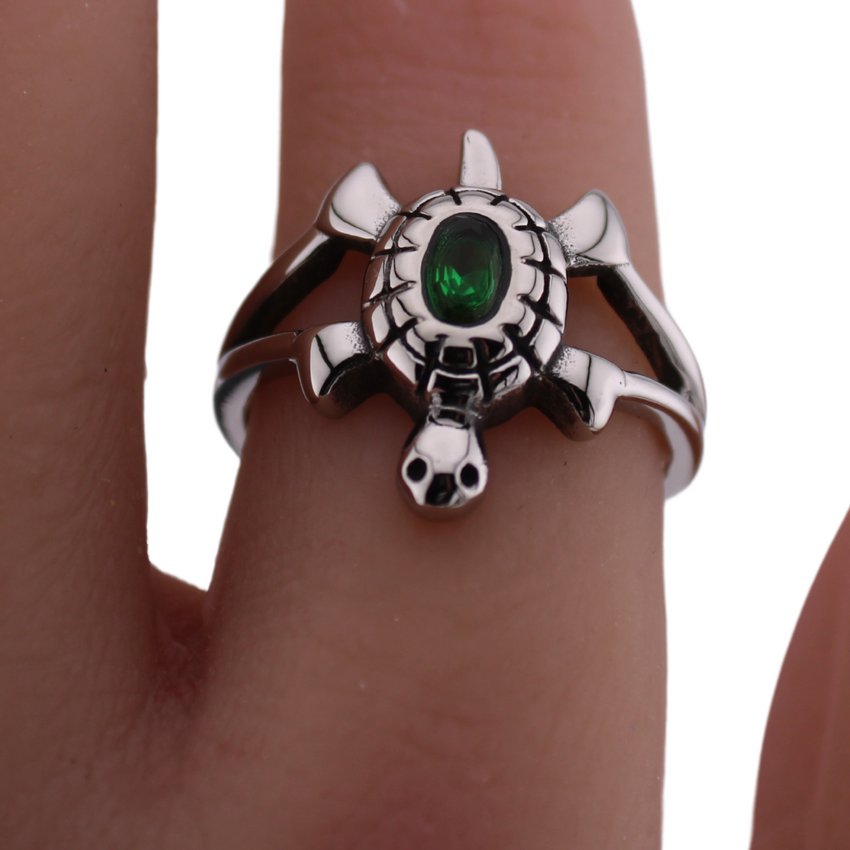 Stainless Steel Turtle Ring with CZ Emerald Shell