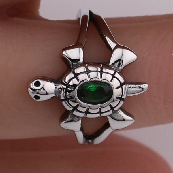 Stainless Steel Turtle Ring with CZ Emerald Shell