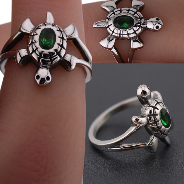 Stainless Steel Turtle Ring with CZ Emerald Shell