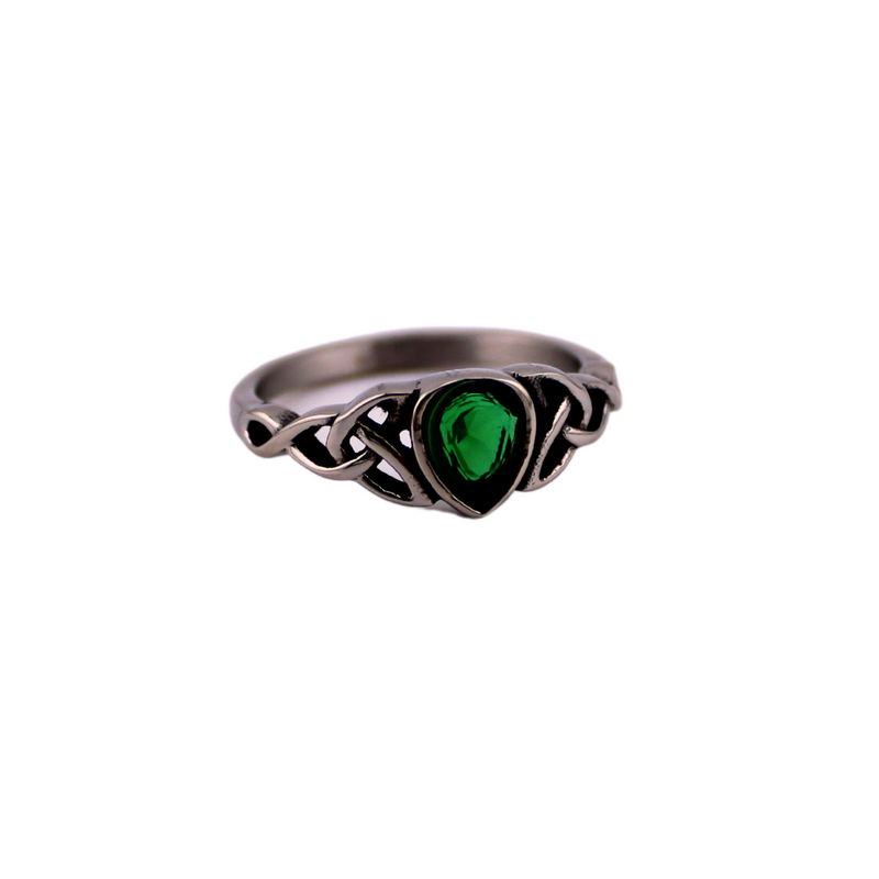 Emerald CZ Pear Shaped Ring w/Triquetras