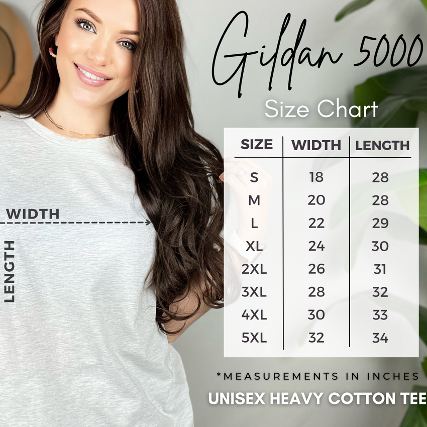 Gildan 5000 T-shirt Size Chart, Unisex Heavy Cotton Tee Size Chart