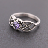 Stainless Steel Celtic Ring with Diamond-Shaped CZ Amethyst