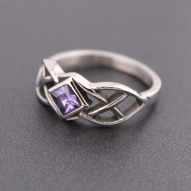Stainless Steel Celtic Ring with Diamond-Shaped CZ Amethyst