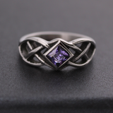 Stainless Steel Celtic Ring with Diamond-Shaped CZ Amethyst