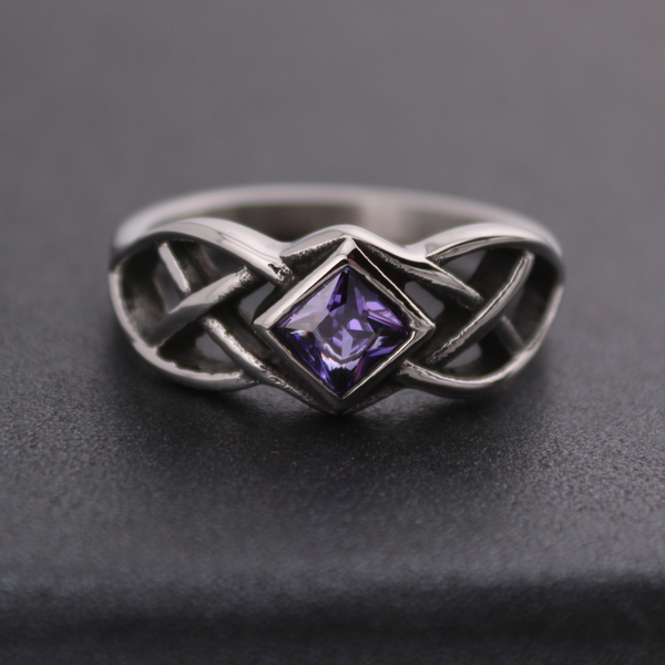 Stainless Steel Celtic Ring with Diamond-Shaped CZ Amethyst