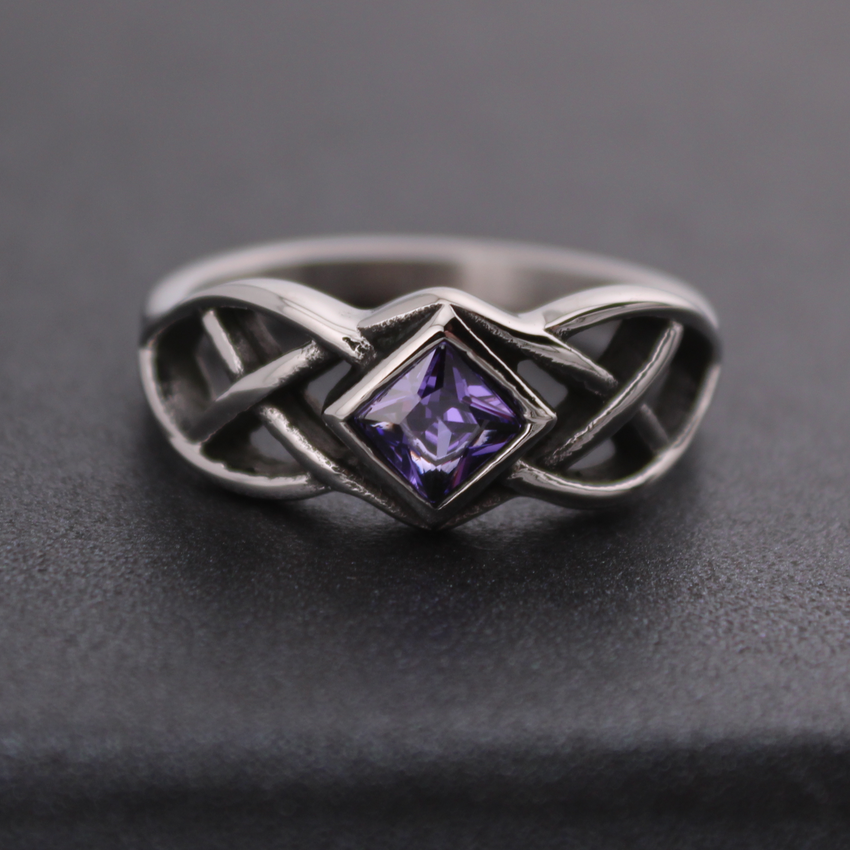 Stainless Steel Celtic Ring with Diamond-Shaped CZ Amethyst