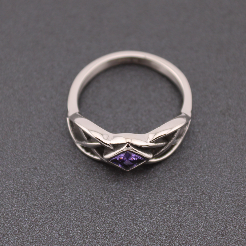Stainless Steel Celtic Ring with Diamond-Shaped CZ Amethyst