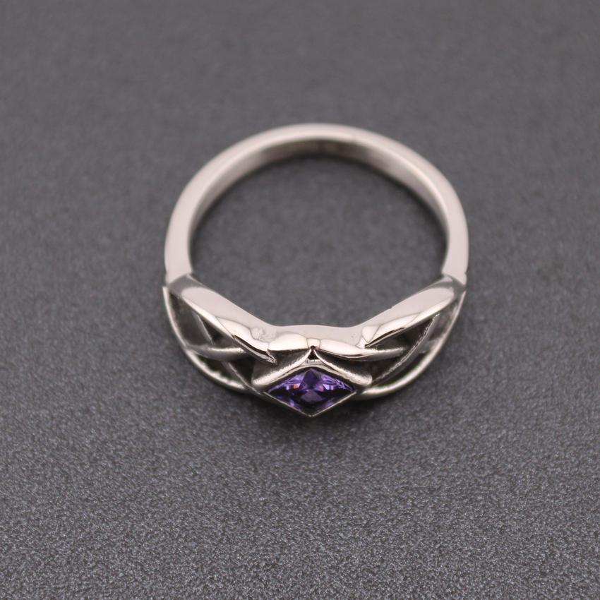 Stainless Steel Celtic Ring with Diamond-Shaped CZ Amethyst