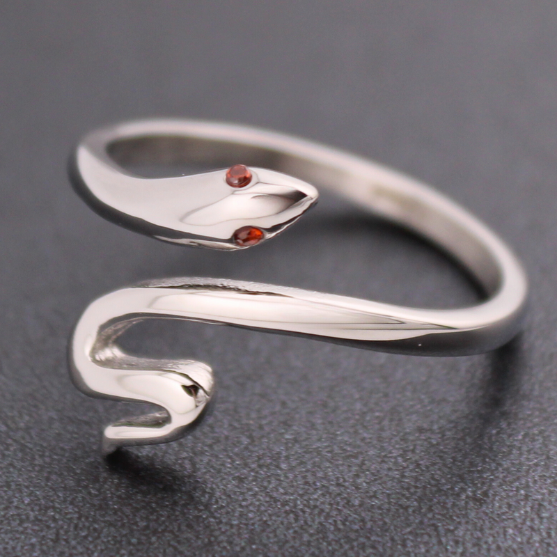 Sterling Silver Wrap-Around Snake Ring with CZ Ruby Eyes