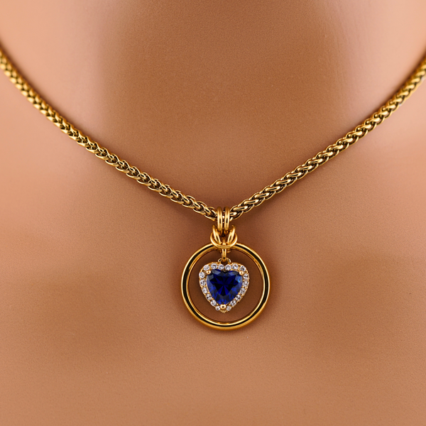 Sapphire Gold Heart w/ CZ Diamonds Wheat Chain