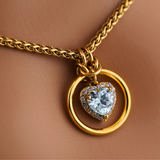 Aquamarine  Gold Heart w/ CZ Diamonds Wheat Chain