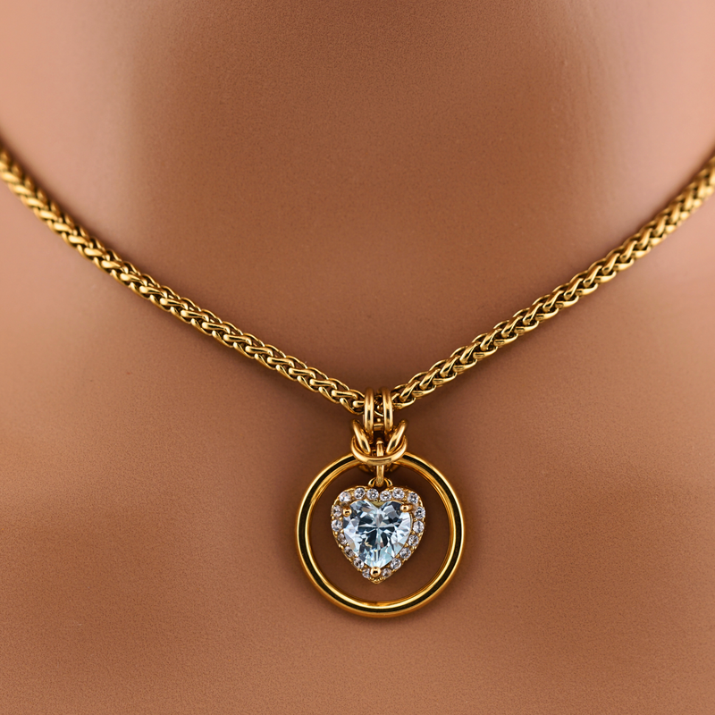 Aquamarine  Gold Heart w/ CZ Diamonds Wheat Chain