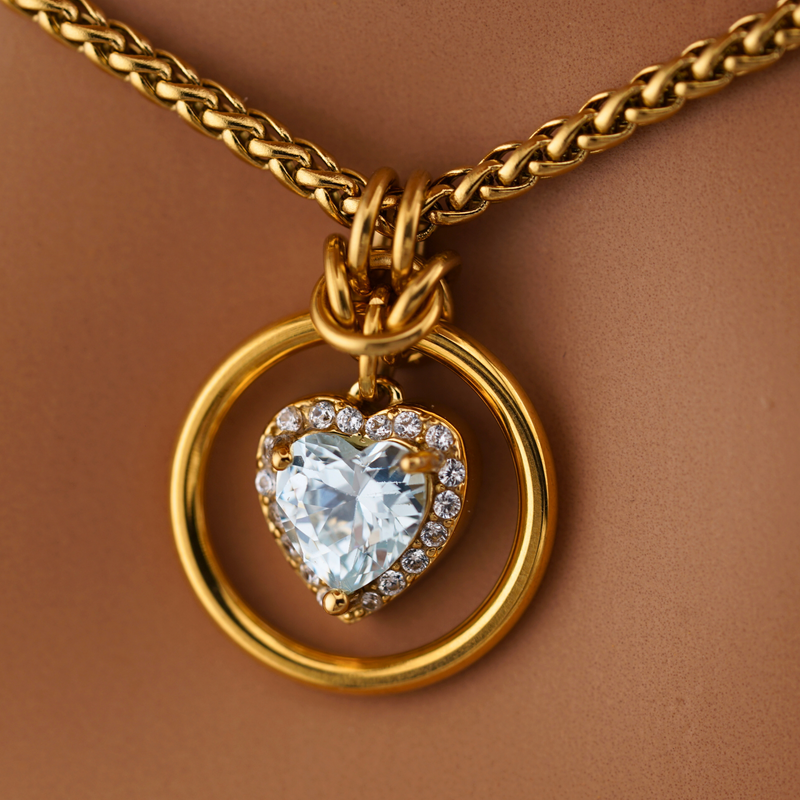 Aquamarine  Gold Heart w/ CZ Diamonds Wheat Chain