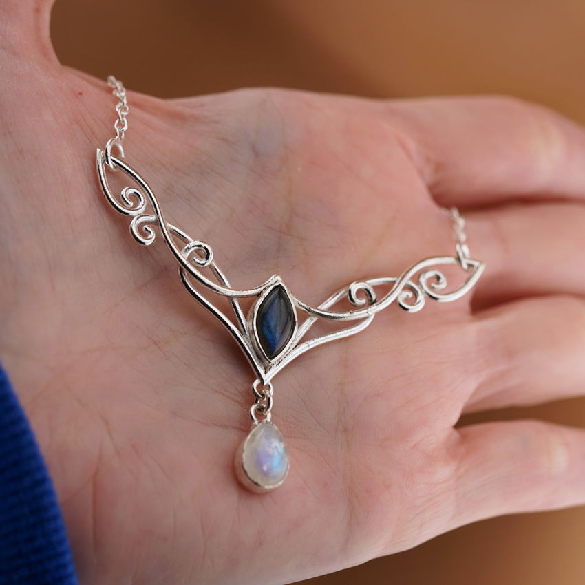 Labradorite and Moonstone Celtic Witchy Day Collar Sterling Silver