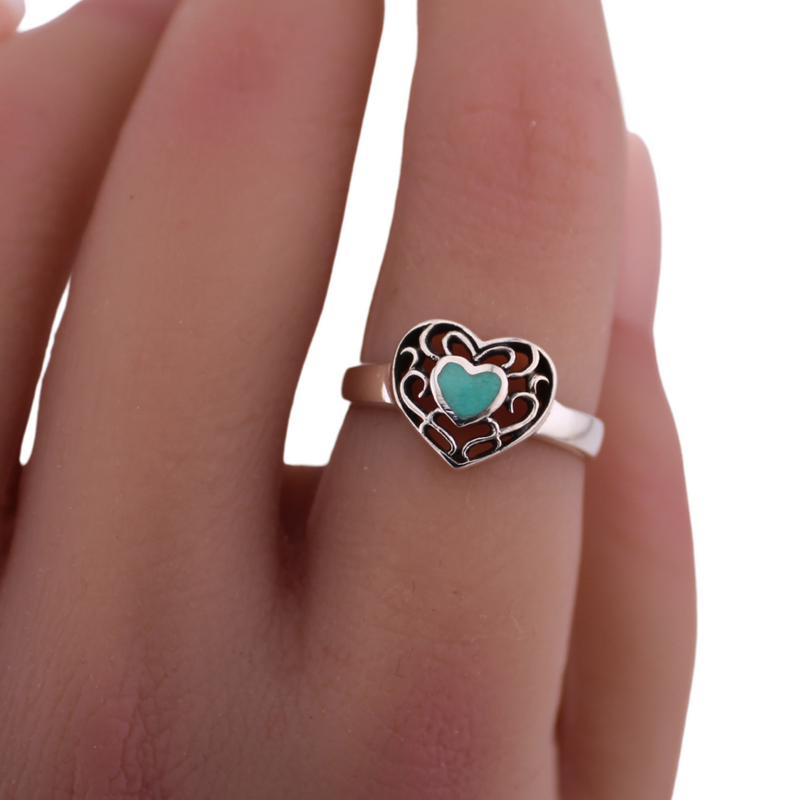 Sterling Silver Heart Ring with CZ Turquoise