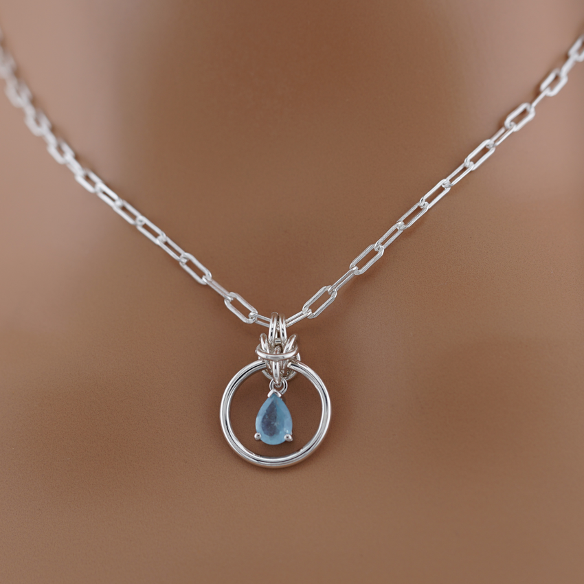 Sterling Silver Paperclip Day Colla - Aquamarine Teardrop