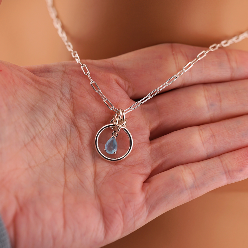 Sterling Silver Paperclip Day Colla - Aquamarine Teardrop