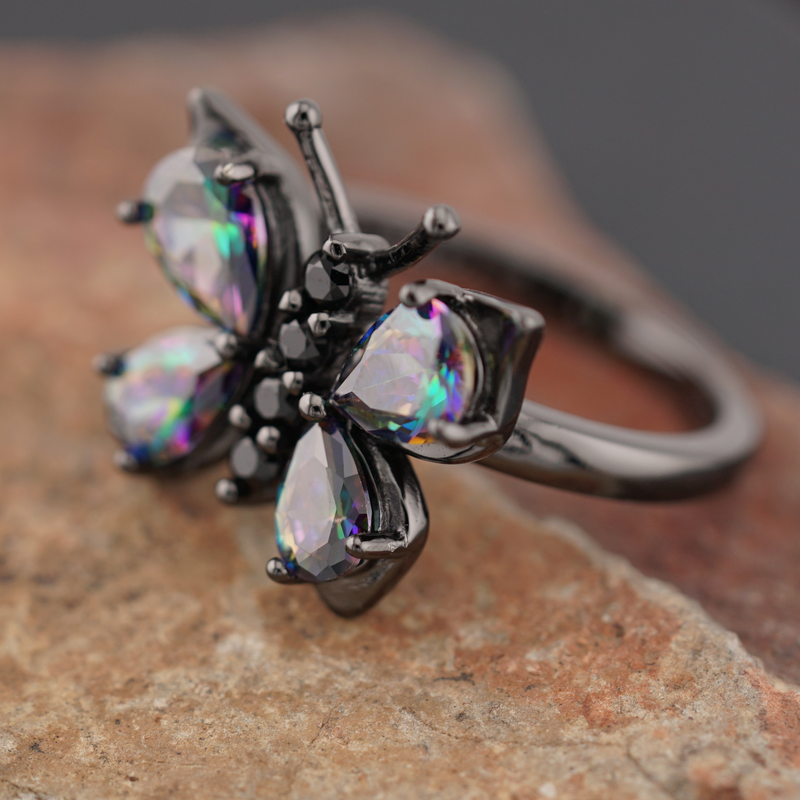 Sterling Silver Black Rhodium Rainbow CZ Butterfly Ring