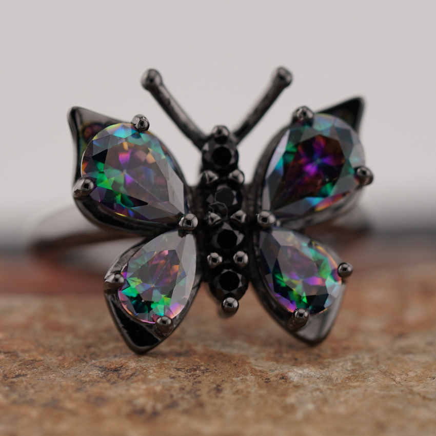 Sterling Silver Black Rhodium Rainbow CZ Butterfly Ring