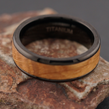 Titanium Black and Whisky Barrel Wood 8mm Band Ring