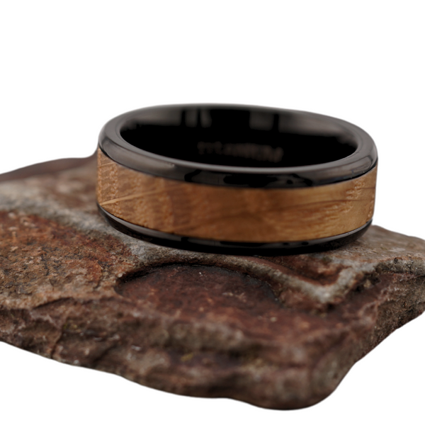 Titanium Black and Whisky Barrel Wood 8mm Band Ring