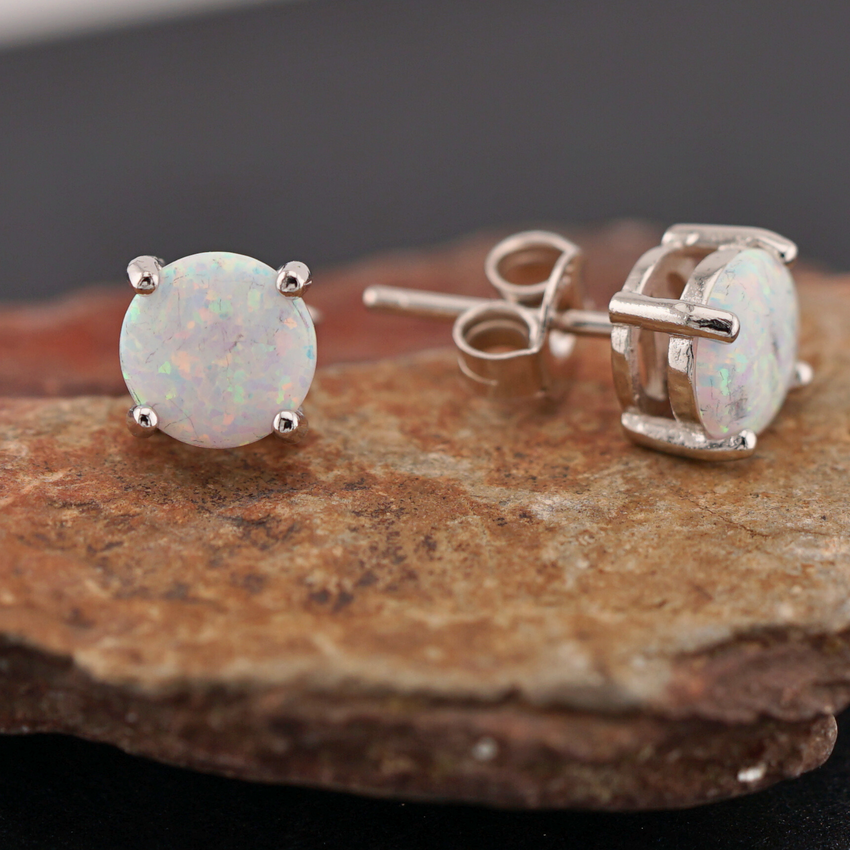 Sterling Silver Round White Lab Opal Stud Earrings