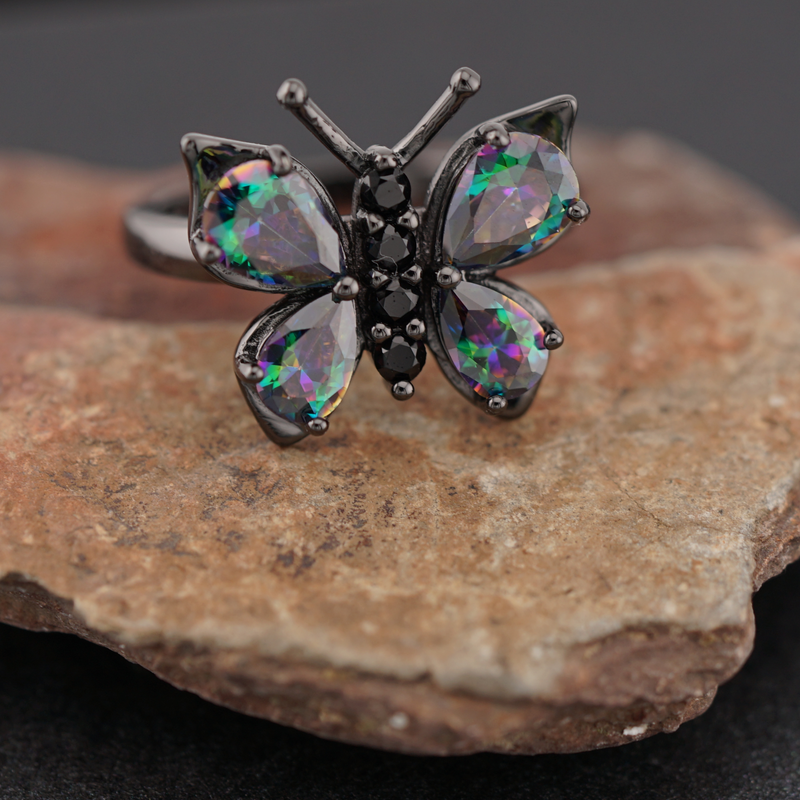 Sterling Silver Black Rhodium Rainbow CZ Butterfly Ring